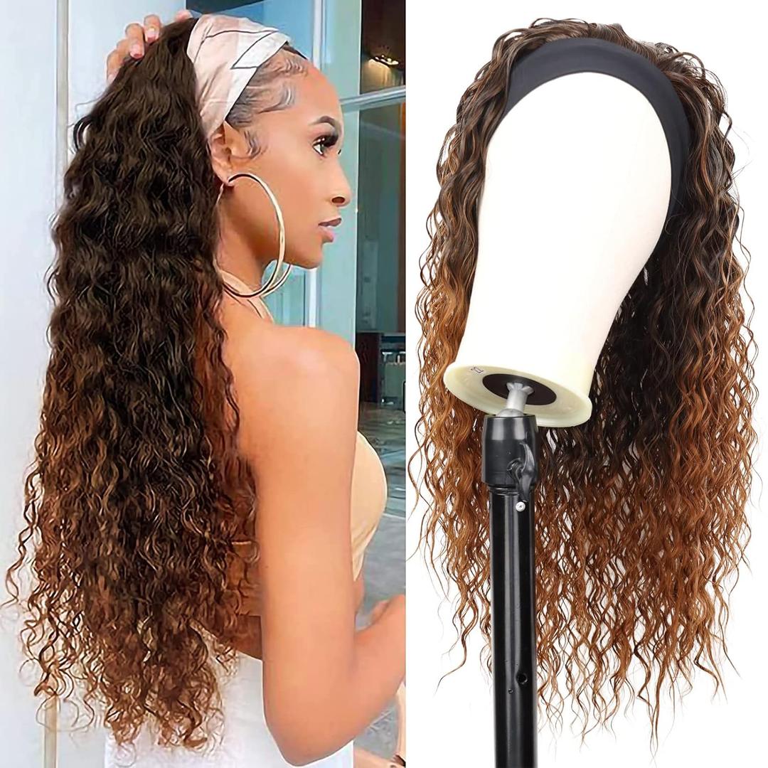 G&T Wig Curly Headband Wigs for Black Women Wet and Wavy Headband Wig Ombre Blonde Curly Synthetic Wigs Glueless Heat Resistant Long Curly Wigs for Daily Wear (24 Inch, 1B/30)
