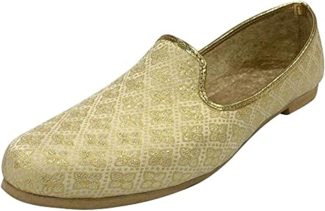 Mens Ethnic Designer Punjabi Jutti for Men Cream Gold Shoes Wedding Khussa Traditional Handmade Loafers (10.5)