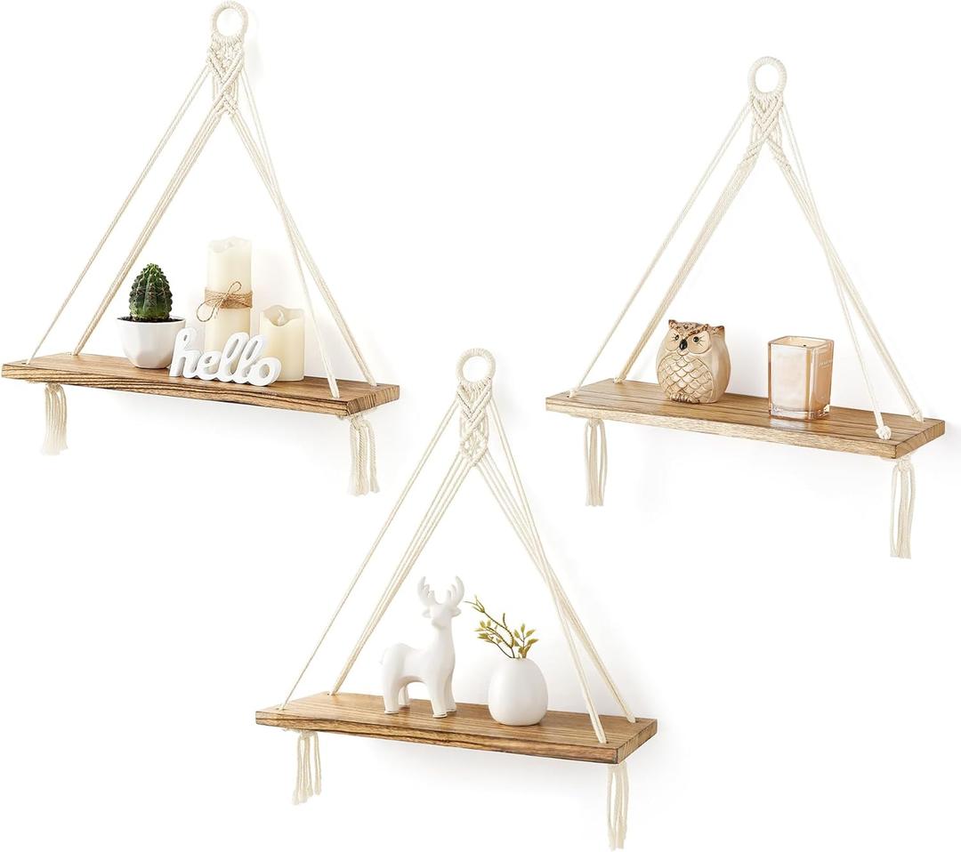 Mkono Macrame Hanging Shelves Boho Wall Decor Set of 3 Rustic Wood Floating Storage Shelf for Bedroom Bathroom Living Room Nursery Dorm Room, Display Shelving for Hanging Plants Photos (White)