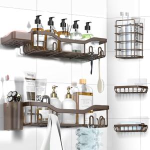 NESOMI Shower Caddy Adhesive Shower Organizer 7Pack, Rustproof Stainless Steel Bathroom Shelves, Large Capacity NoDrill Rack Storage Accessories with Soap Dish Toothbrush Holder Hooks