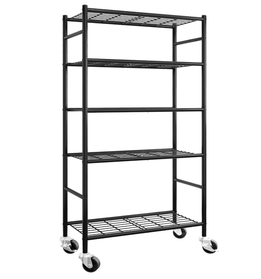 Sakugi Storage Shelves Organizer - 5 Tier Metal Shelf Organizer with Metal Wheels and Adjustable Leveling Feet, Heavy Duty Garage Shelving for Kitchen, Pantry and Closet, 33.1"x12.6"x73.5", Black