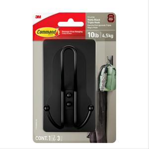Command X-Large Matte Black Triple Hook, 1 Hook, 3 Strips, Damage-Free Hanging Wall Hooks with Adhesive Strips, No Tools Wall Hooks for Hanging Decorations in Living Spaces