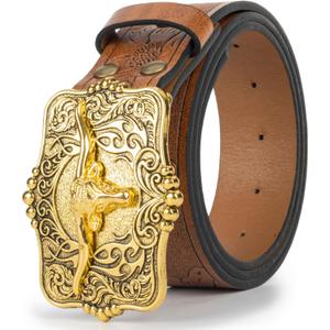 Mawjom Western Cowboy PU Leather Belt - Men Waist Strap Bull Decoration Floral Engraved for Jeans 25" to 38" Waist (Brown-square-buckle)