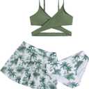 Milumia Girl's 3 Pieces Bikini Set Tropical Print Criss Cross Wrap Bathing Suit with Beach Skirt (Multicolor)
