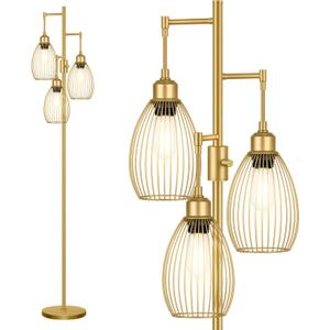 Dimmable Floor Lamp, 3 x 800LM LED Edison Bulbs Included, Farmhouse Industrial Floor Lamp Standing Tree Lamp with Elegant Teardrop Cage Head Tall Lamp for Living Room Bedroom Office Dining Room - Gold (Gold-70 Inches)