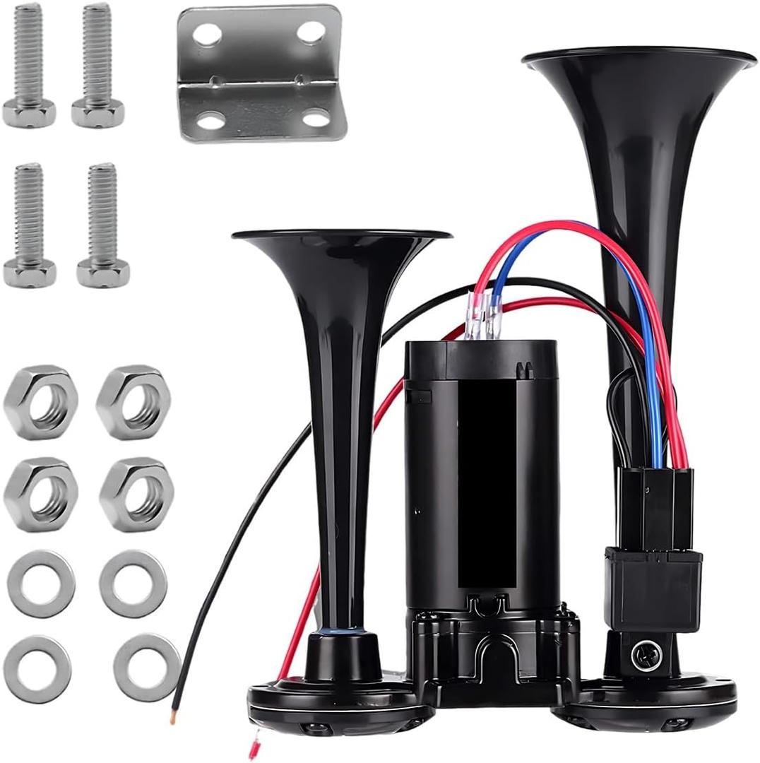 12V 130dB Dual Trumpet Air Horn Kit with Compressor - Loud Dual Electric Train Horn for Cars Boats Trucks SUV - High/Low Tube Air Horns Speaker Kit Car Accessories (Black)