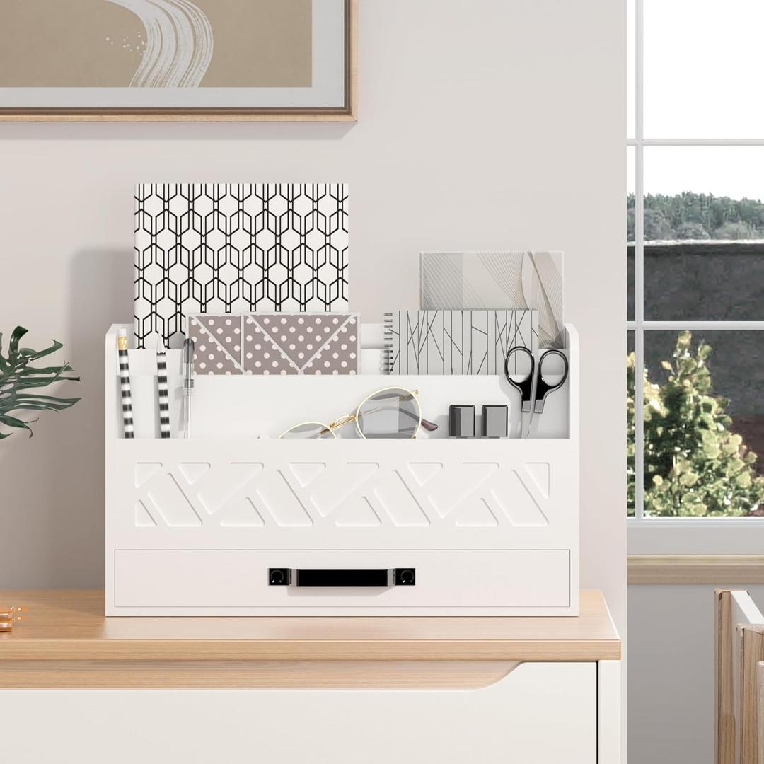 Bamboo Mail Organizer Countertop Wood Desk Organizer Drawer Tabletop Storage Box Letter Sorter Makeup Organizer for School Home Office Supplies White