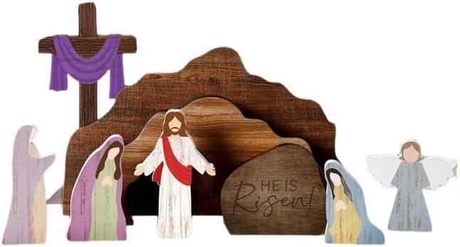 EAZZ Empty Tomb Easter Scene Cross Decoration, Wooden Resurrection Tabletop Decor Set for Religious Home, Office, Shelf & Farmhouse Display