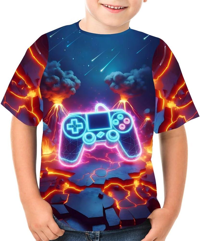 Boys Girls 3D Graphic Tees Unisex Short Sleeve T Shirt Novelty Neon Shirts for Boys 5-14 Years (Blue)