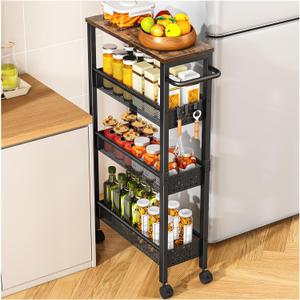 Utility Slim Storage Cart with Wheels, 4 Tier Small Rolling Cart with Wood Top, Metal Kitchen Bathroom Laundry Room Organization Trolley with Handle for Narrow Space  Black (7.1 inch wide)