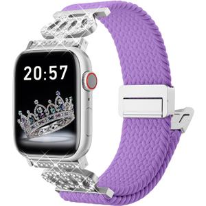 Braided Stretchy Bands with Magnetic Clasp for Apple Watch Band 40mm 38mm 41mm 42mm 44mm 45mm 46mm 49mm, Bling Crown Designer Soft Nylon Sport Solo Loop for iWatch Series 10 9 8 7 6 5 4 3 Ultra 2 1 SE (Light purple)
