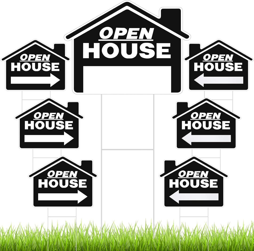 Pinkunn 7 Pack Large Open House Signs for Real Estate, 18x14 Inch Double Sided with Metal Stake, Weatherproof Heavy Duty Plastic Open House Directional Yard Board for Estate Agent Property Sale(Black)