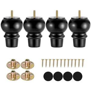 Maricome 4 Inch Wood Legs Set of 4 Pre-drilled M8 Bolt Black Replacement Furniture Leg Bun Feet for Dresser Cabinet Chair