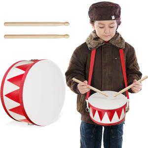 Kids Drum Set 8 Inch Wooden Toy Drum with Adjustable Strap 2 Drumsticks Educational Sensory Musical Instrument Toy Set for Toddlers Kid Baby Boys Girls Gift(Red Triangle Style)