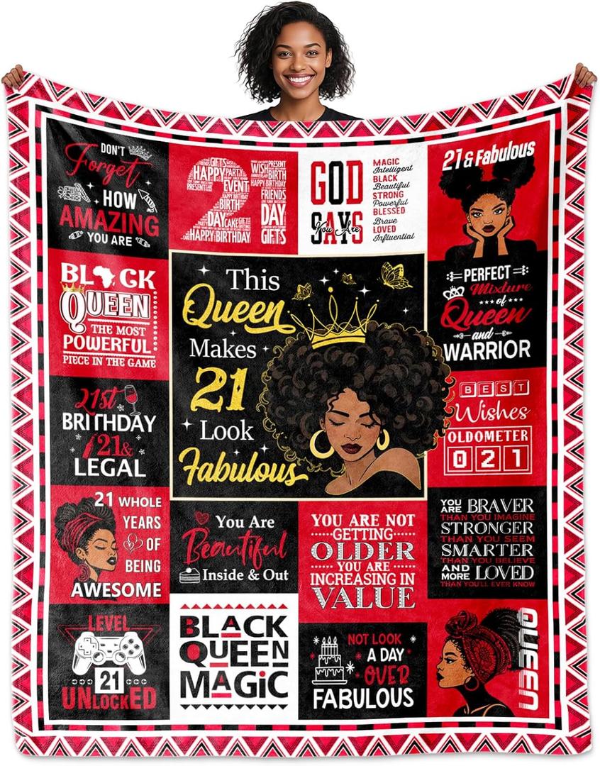African American 21st Birthday Gifts for Her, Gifts for 21 Year Old Women Blanket 60"x50", 21st Birthday Decorations for Her, Afro-Americans Black Girl 21 Birthday Gift Ideas for Women