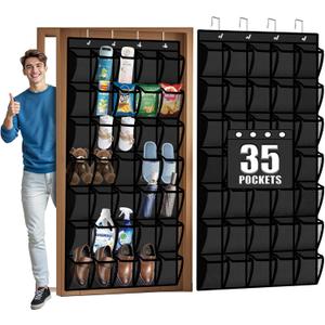 Aheroi 35 Pockets Large Over the Door Organizer, Breathable Mesh Pockets Hanging Shoe Organizer, Black Door Shoe Organizer Mesh Closet Shoe Holder Hanger Holds Up to 40 lbs, Space Saving Shoe Rack