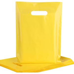 POPGIFTU Yellow Plastic Shopping Bags with Handles 100 Pack, 9x12 Merchandise Bags Bulk for Retail Stores, Events, Gift Packaging, Small Business Use
