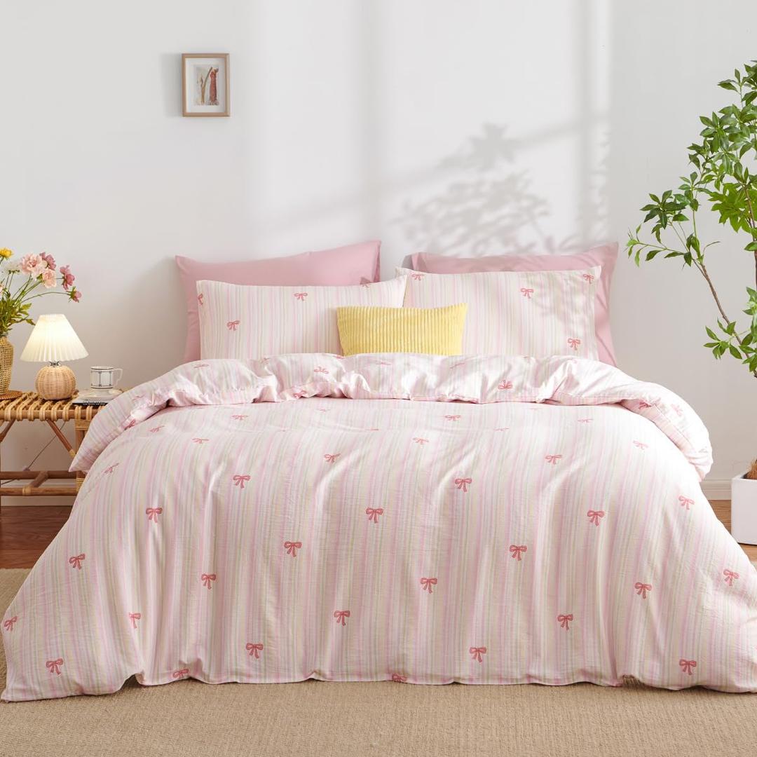 Kids Girls Pink Duvet Cover Full, 3 Piece Rainbow Striped Bedding Set, Cute Princess Bow & Stripes Design, 1 Duvet Cover and 2 Pillowcases, Ultra Soft Breathable Microfibre Reversible (Full(No Comforter))