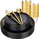 bUCLA 150PCS Black and Gold Plastic Plates - Black Gold Plastic Dinnerware Set Disposable - Include 25 Dinner / 25 Dessert Plates, 25 Knives, 25 Forks, 25 Spoons, 25 Cups, Ideal for Party & Graduation