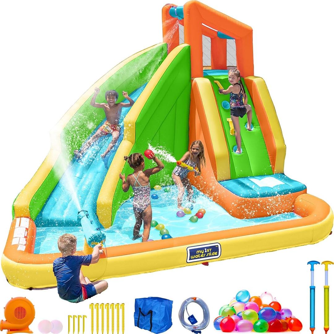 Sportspower Tidal Wave Inflatable Water Slide for Kids Blower & GFCI Safety Plug, Climbing Wall, Splash Pool, Water Cannon, Ages 3-8, Large