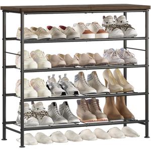 SUOERNUO Shoe Rack Organizer 5 Tier for Closet Entryway Free Standing Metal Storage Shoe Shelf with MDF Top Board，Black/Rustic Brown