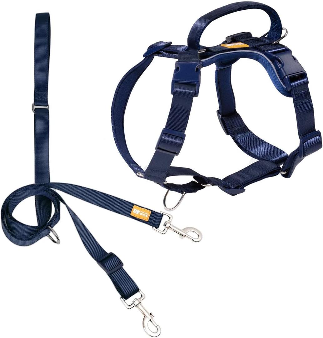 DF Freedom No Pull Martingale Dog Harness and Leash Set, Front Clip Adjustable Harness with Reflective & Padded Handle, Easy Walking & Training, Navy Blue, 1", Chest 30.4" - 45.2"