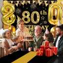 80th Birthday Decorations Men Women with 80th Birthday Banner, Black and Gold Table Cloth, Number Balloons, Large Sash, Cake Topper and Candles