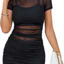 Rooscier Women's Mesh Dress Short Sleeve Bodycon 3 Piece Outfits with Cami Shorts (Medium, Black)