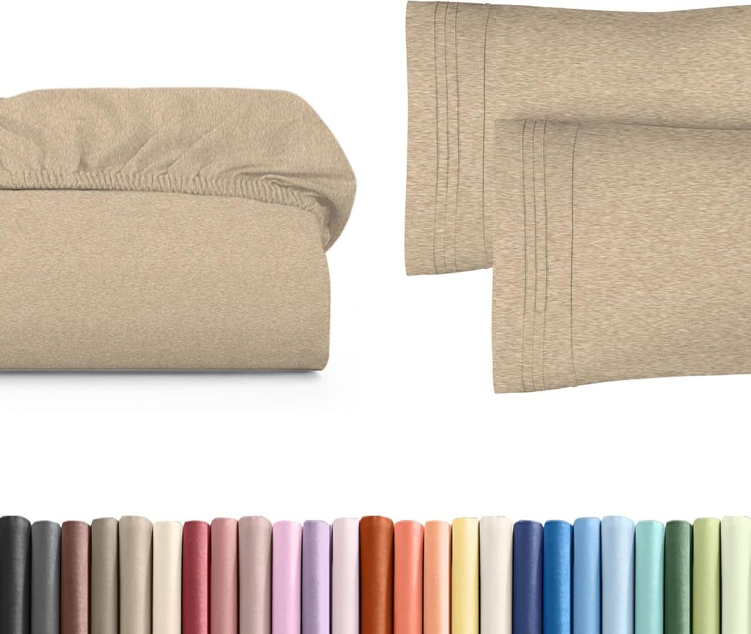 Full Size Fitted Bed Sheet + 2 Pillowcases Bundle - Hotel Luxury Single Fitted Bottom Sheet Only - Fits Mattress w/ Deep Pockets Between 8 to 16 inches - Breathable & Wrinkle Free - Heathered Beige