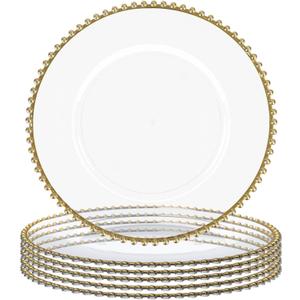 MAONAME 13" Clear Charger Plates Set of 6, Round Plate Chargers with Gold Beaded Rim, Table Charger for Dinner Plates, Plastic Chargers for Table Setting, Wedding Decor MAONAME 13" Clear Charger Plates Set of 6, Round Plate Chargers with Gold Beaded Rim, Table Charger for Dinner Plates, Plastic Chargers for Table Setting, Wedding Decor