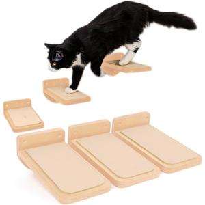 INICIO Cat Wall Stairs, Natural Wood - Set of 3 Wall Steps for Cats to Climb with Fixtures, 8.7"x4.7" - Floating Steps for Climbing or Playing - for Kittens and Adult Cats