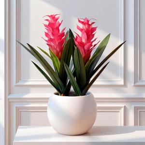 2Pcs Artificial Bromeliad Plants, 18" Fake Hawaiian Ginger Flower,Large Real Touch Faux Tropical Flowers, Lifelike Exotic House Plants for Home Office Indoor Decoration (Pink)