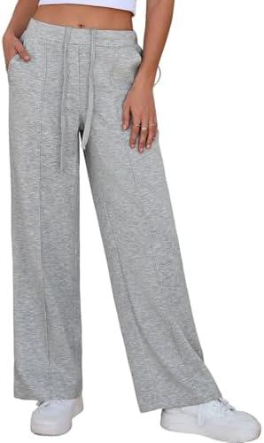 Aleumdr Women's Wide Leg Pants High Waist Casual Pants Fall 2025 Sweatpants Lounge Work Pants Slack with Pockets, Medium, Light Grey