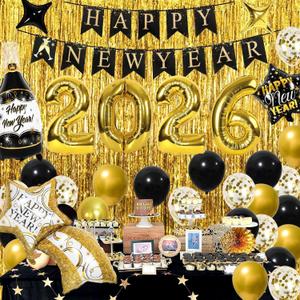 Labeol 39 PCS New Years Decorations 2026, Happy New Year Set with Large Foil Balloons, Banner, Gold Foil Curtains Black, Gold, Confetti Balloons for Party