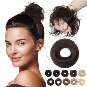 MY-LADY Messy Bun Hair Pieces Human Hair for Women Real Hairpiece Straight Scrunchies Tousled Updo Donut Chignon Ponytail Extension Natural Black