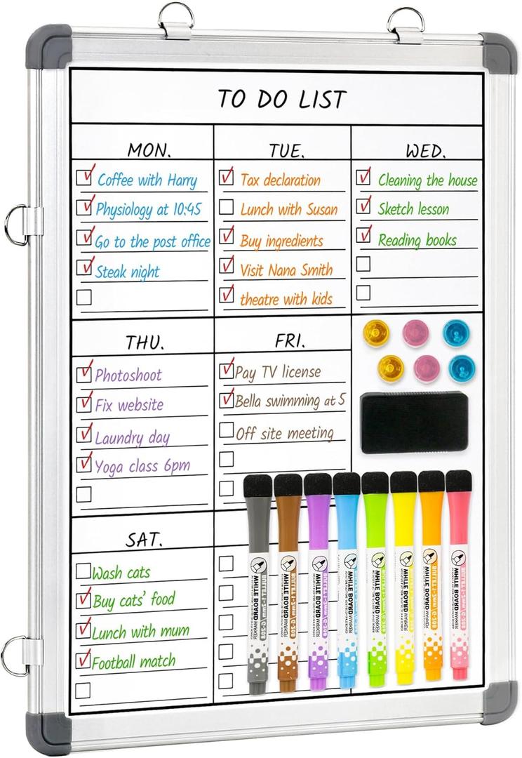 LUCYCAZ Weekly Dry Erase Board, 16" x 12" Magnetic Dry Erase Board for Wall, Hanging Double-Sided to Do List Whiteboard, Small Weekly Planning Board for School, Home, Office