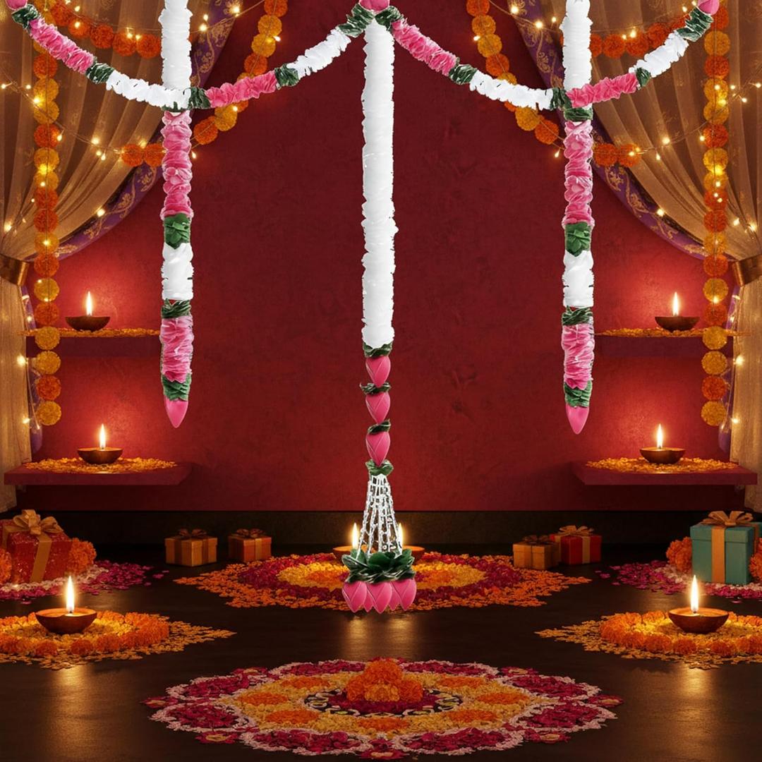 FineCheer 5 Pcs 184 Inch Total Diwali Decorations Artificial Jasmine Garlands Toran with Lotus Buds Traditional Indian Hanging Decoration for Pooja Diwali Wedding Housewarming (Mixed)