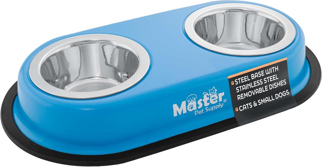 Master Pet Supply Double Dog Bowls Set with Elevated Base and 2 (8 oz) Stainless Steel Removable Dishes (True Blue)  Double Cat Food Water Bowl, Dog Puppy Food Bowl Set, Rust Resistant