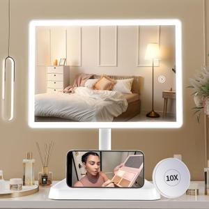 FUNTOUCH Large Makeup Vanity Mirror with Lights, 4500mAh Rechargeable Lighted Desk Makeup Mirror with 96 LED Lights and 10x Magnifying Mirror, 3 Color Lighting with Phone Holder,White