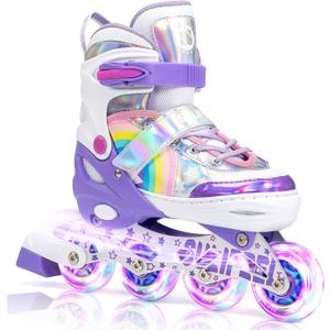 SULIFEEL Rainbow Unicorn Inline Skates for Girls Boys 4 Size Adjustable Light up Wheels Skates for Kids Beginner (Medium - Big Kid)