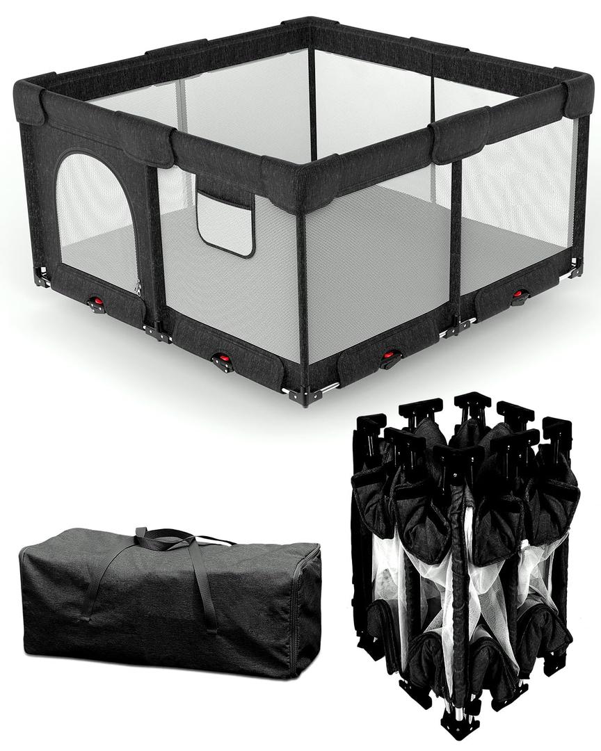 PATYWAGA Foldable Baby Playpen with Non-Removable Thick Mat, Extra Large Collapsible Play Yard for Babies & Toddlers, Portable Travel Playpen with Gate, Safe Activity Center (59"×71" Black)