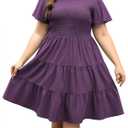Celkuser Plus Size Casual Summer Smocked Dresses for Curvy Women Boho Tiered Crew Neck with Pockets cel176_Purple_2XL