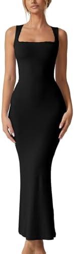 QINSEN Women's Square Neck with Lace Detail Long Maxi Dress Sleeveless Lounge Ribbed Full Length Dresses Black M