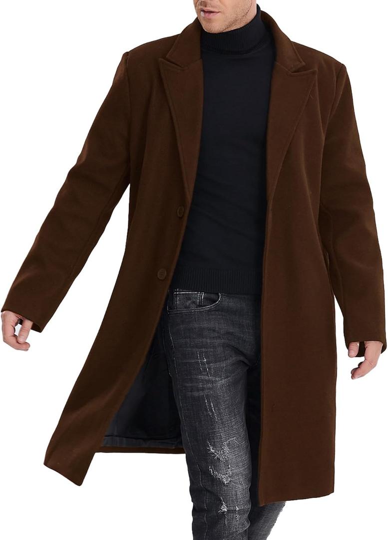SOMTHRON Men's Casual Trench Coat Mid Long Single Breasted Slim Fit Peacoat Notched Lapel Winter Business Overcoat (3X-Large, Brown)