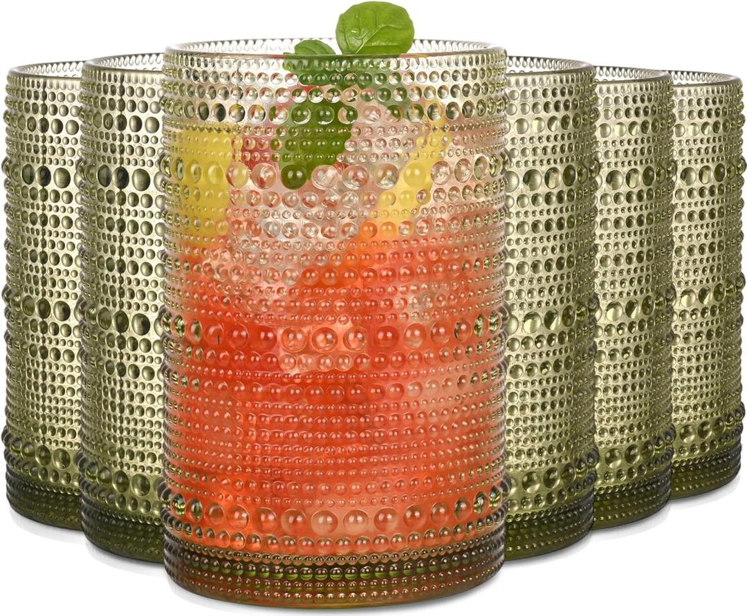 Green Hobnail Drinking Glasses Set of 6,15 oz Vintage Highball Glasses,Drinkware Kitchen Glasses for Cocktail,Iced Coffee,Beer,Ice Tea,Wine,Whiskey,Water