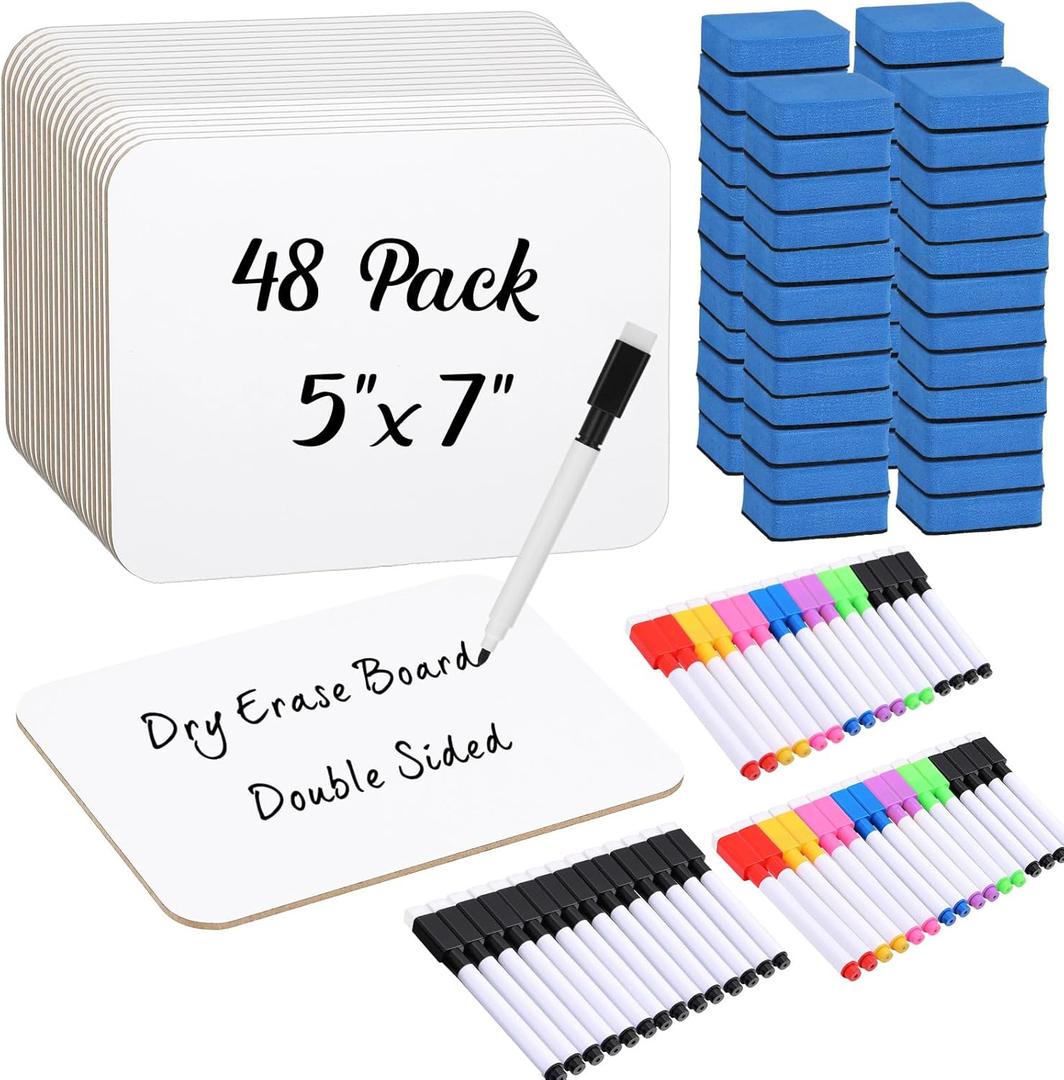 48 Sets Small Whiteboard Dry Erase Boards 5" x7'' Mini Double Sided Dry Erase Lap Boards with Markers Erasers Pen Holders Personal Whiteboards for Students Classroom Teacher