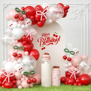 JOGAMS 181Pcs Cherry Balloon Arch Garland Kit, Cherry Party Decorations with Clear Green Pink 260 Balloons for Cherry On Top Baby Shower Birthday Bridal Shower Wedding Galentine's Valentine's Day