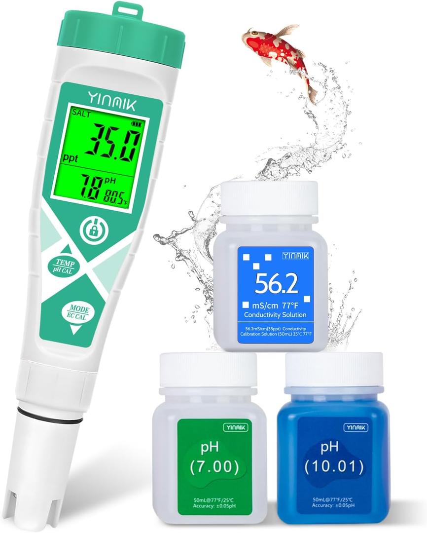 Aquarium pH Salt Tester, Digital Salinity Meter for Freshwater & Saltwater Fish Tank, Simultaneous display Salt pH TDS for Koi Pond, Reef Tank, Aquaponics PPM pH EC Reader, Hydrometer with S.G. Card