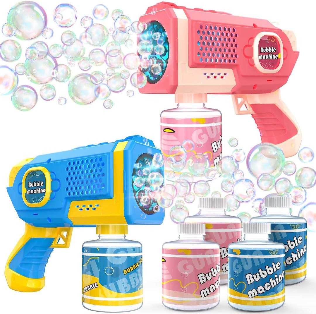 EagleStone 2 Pack Bubble Guns with 4 Bottles Solution, Automatic Bubble Machine Blaster for Kids & Adults  Light Up Summer Toy for Outdoor, Birthday Gifts, Easter, Wedding Party Favor Bubble (Blue,pink)