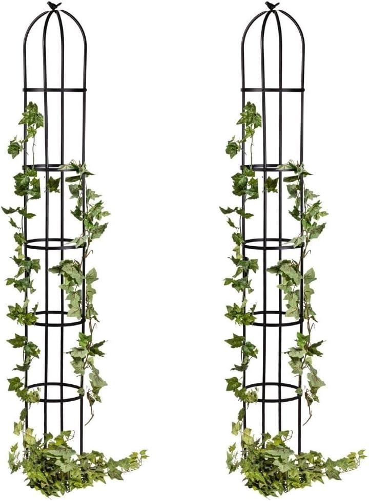 Evergreen Metal Garden Obelisk Trellis for Climbing Plants Outdoor, Indoor Plant Trellis for Potted Plants, Floral Pattern Arch Trellis (Black, 7 ft. Round, Set of 2)